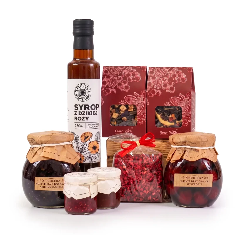 Kosz prezentowy upominek czekolada owoce konfitury herbaty syrop naturalny (5).webp