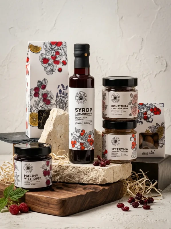 Kosz prezentowy zestaw konfitur the jar herbata migdały w czekoladzie syrop (2).webp