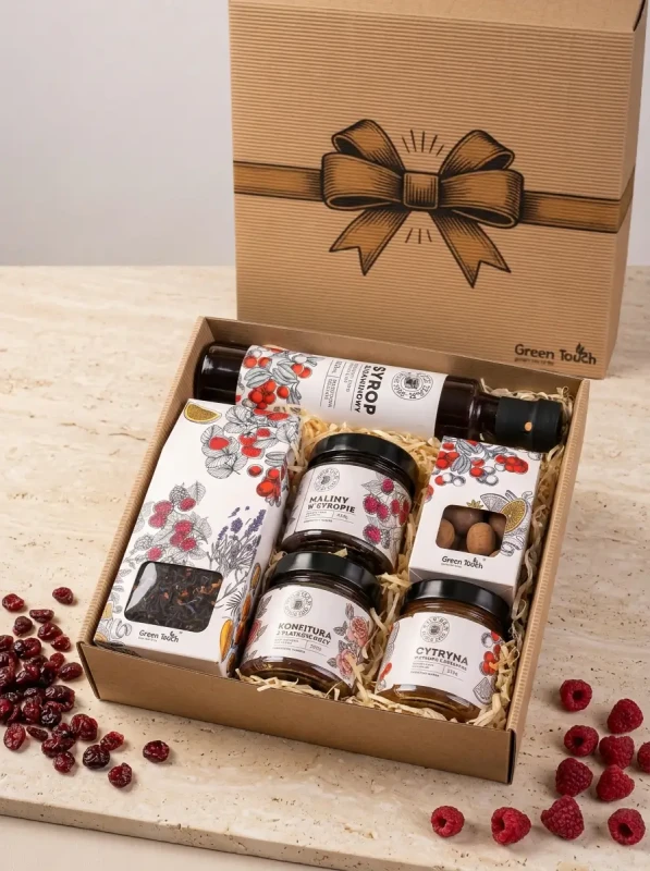 Kosz prezentowy zestaw konfitur the jar herbata migdały w czekoladzie syrop (3).webp