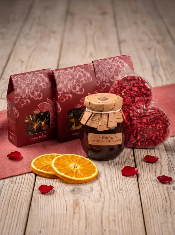 Kosz prezentowy upominek zestaw herbat czekolada z malinami konfitura box (2).webp
