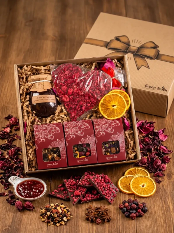 Kosz prezentowy upominek zestaw herbat czekolada z malinami konfitura box (3).webp