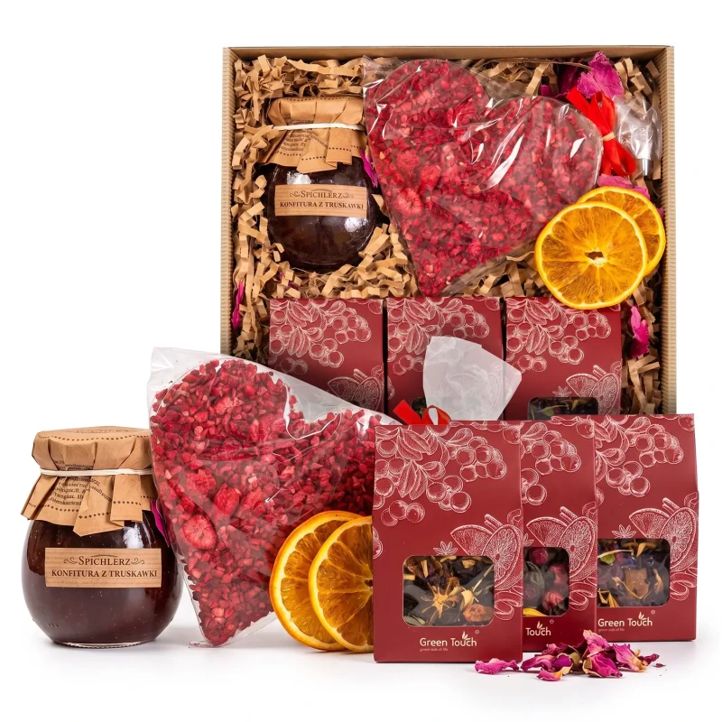 Kosz prezentowy upominek zestaw herbat czekolada z malinami konfitura box (4).webp
