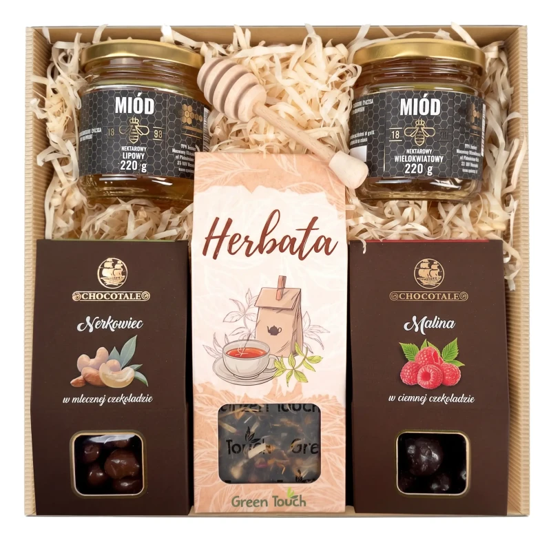 Kosz prezentowy z herbatą, słodkościami i miodem (1).webp