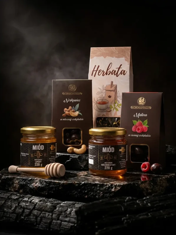 Kosz prezentowy z herbatą, słodkościami i miodem (2).webp