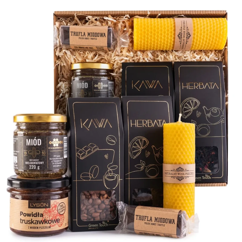 Elegancki kosz prezentowy herbata kawa miód świeca powidła gotowy upominek premium (4).webp