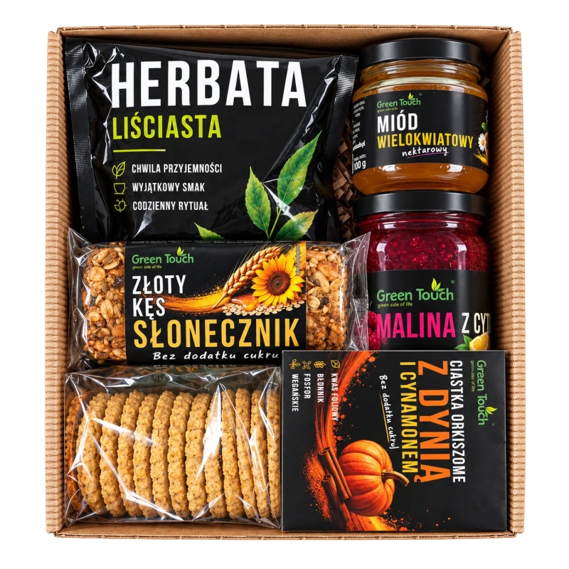 Kosz prezentowy z czarną herbatą, miodem, maliną z cytryną, ciastkami dyniowymi i batonem