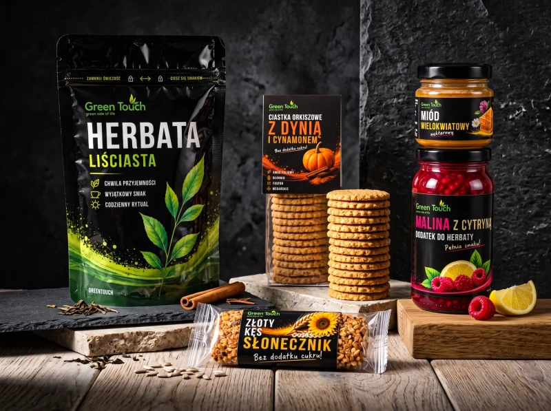 Kosz prezentowy z czarną herbatą, miodem, maliną z cytryną, ciastkami dyniowymi i batonem