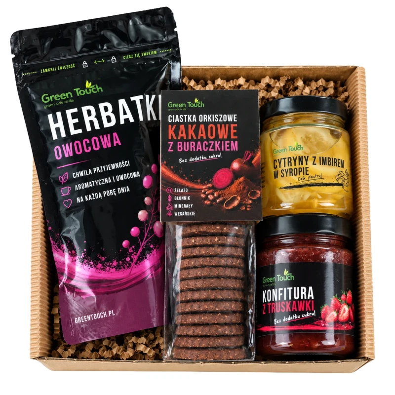 Zestaw prezentowy z herbatką owocową, ciastkami, konfiturą i cytrynami z imbirem w syropie