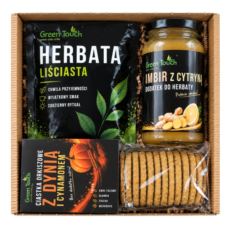 Kosz prezentowy z czarną herbatą, imbirem z cytryną i ciastkami z dynią oraz cynamonem
