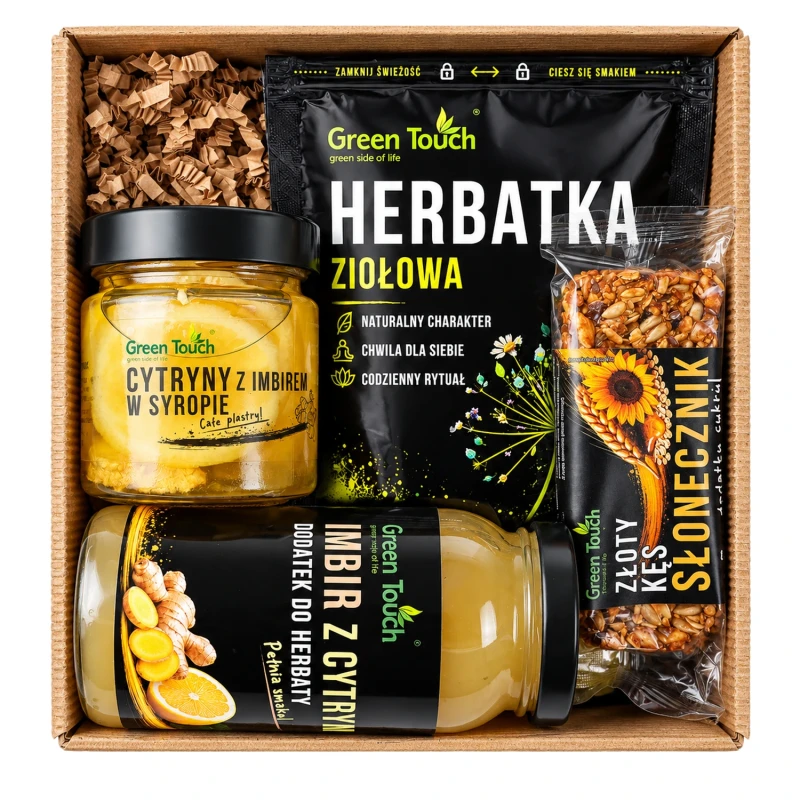 Kosz prezentowy z herbatką ziołową, imbirem, cytrynami w syropie i batonem słonecznikowym