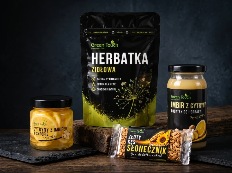 Kosz prezentowy z herbatką ziołową, imbirem, cytrynami w syropie i batonem słonecznikowym