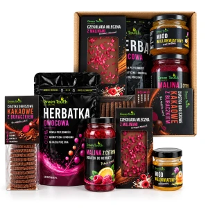 Kosz prezentowy: herbatka owocowa, miód, malina z cytryną, ciastka i czekolada mleczna