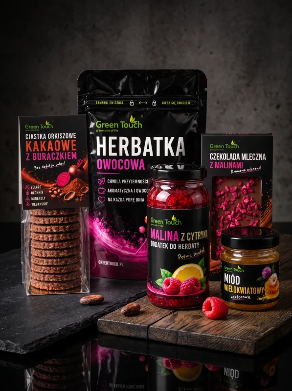 Kosz prezentowy: herbatka owocowa, miód, malina z cytryną, ciastka i czekolada mleczna