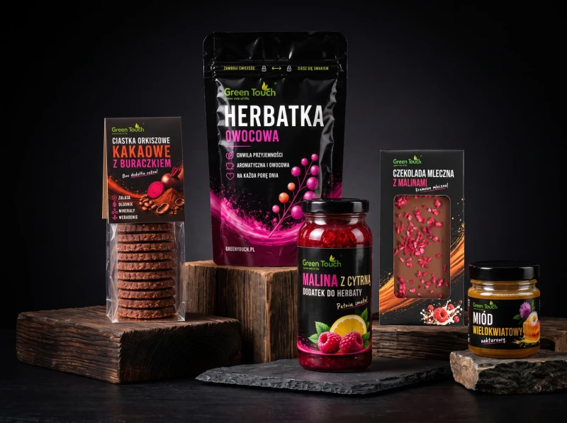 Kosz prezentowy: herbatka owocowa, miód, malina z cytryną, ciastka i czekolada mleczna