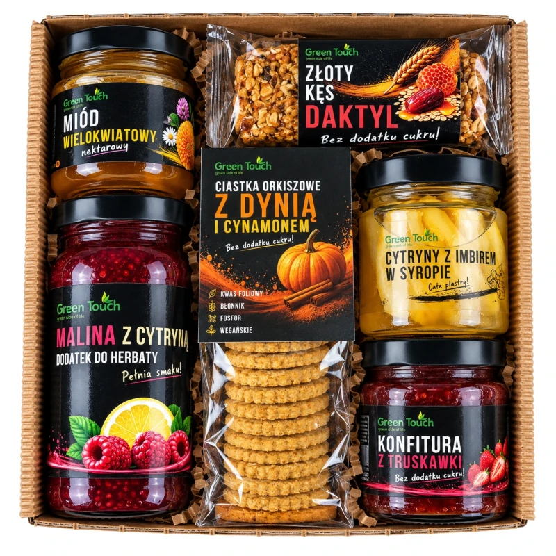 Zestaw prezentowy z miodem, konfiturą truskawkową, maliną z cytryną, ciastkami i batonem