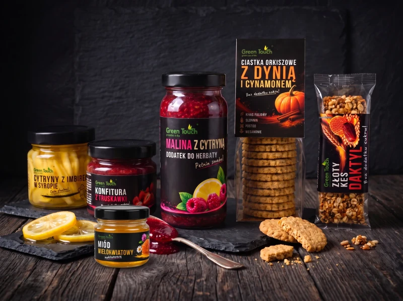 Zestaw prezentowy z miodem, konfiturą truskawkową, maliną z cytryną, ciastkami i batonem