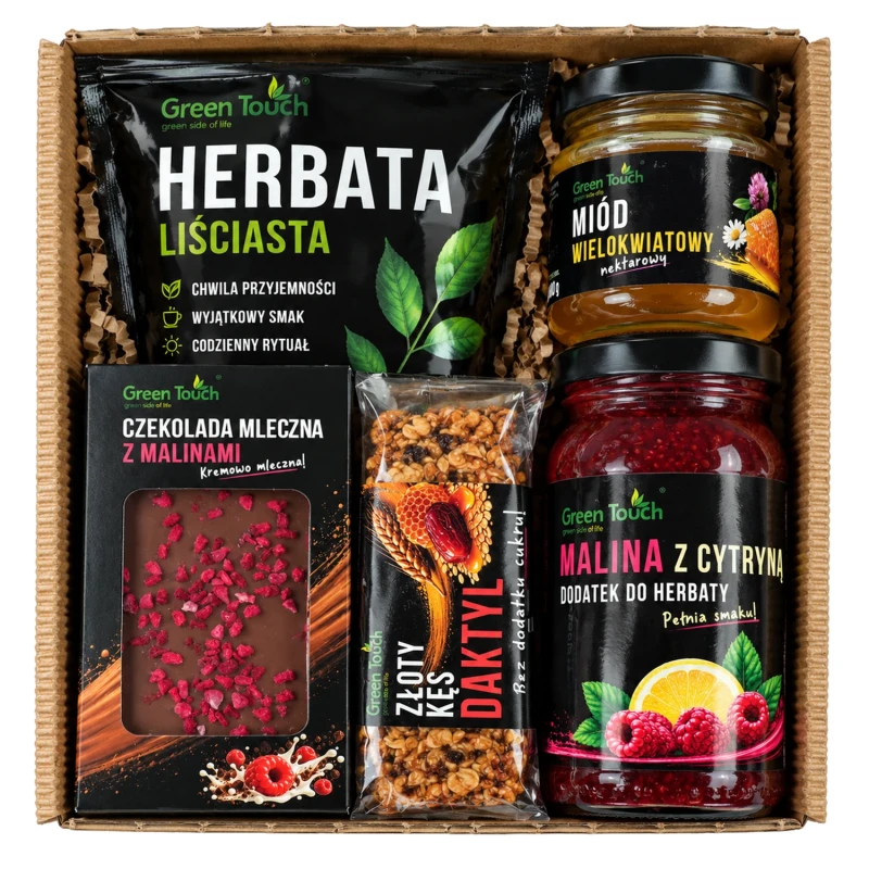 Zestaw prezentowy z czarną herbatą, miodem, maliną z cytryną, czekoladą mleczną i batonem