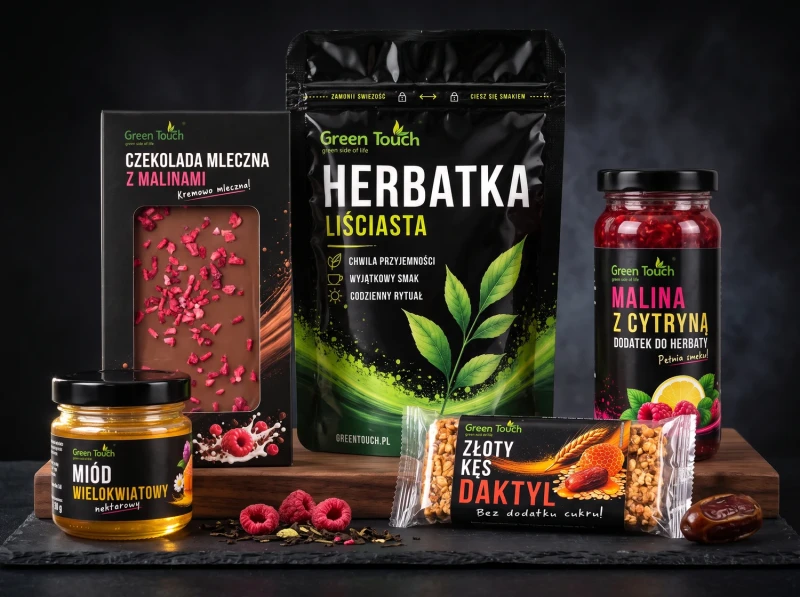Zestaw prezentowy z czarną herbatą, miodem, maliną z cytryną, czekoladą mleczną i batonem