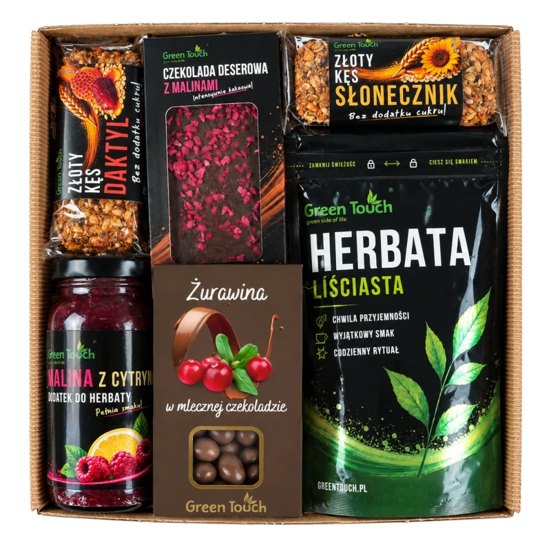 Zestaw prezentowy z czarną herbatą, maliną, czekoladą deserową, żurawiną oraz batonami