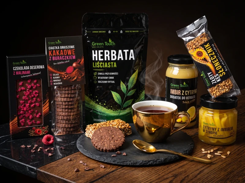 Zestaw prezentowy z czarną herbatą, czekoladą deserową, ciastkami, imbirem i cytrynami