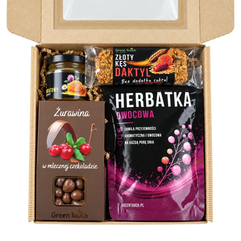 Zestaw prezentowy z herbatką owocową, miodem, żurawiną w czekoladzie i batonem daktylowym