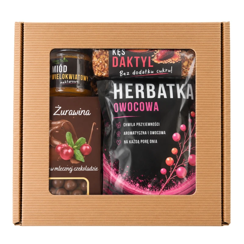 Zestaw prezentowy z herbatką owocową, miodem, żurawiną w czekoladzie i batonem daktylowym