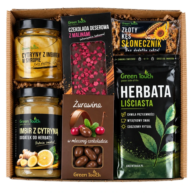 Zestaw prezentowy z czarną herbatą, imbirem i cytrynami, czekoladą deserową oraz żurawiną