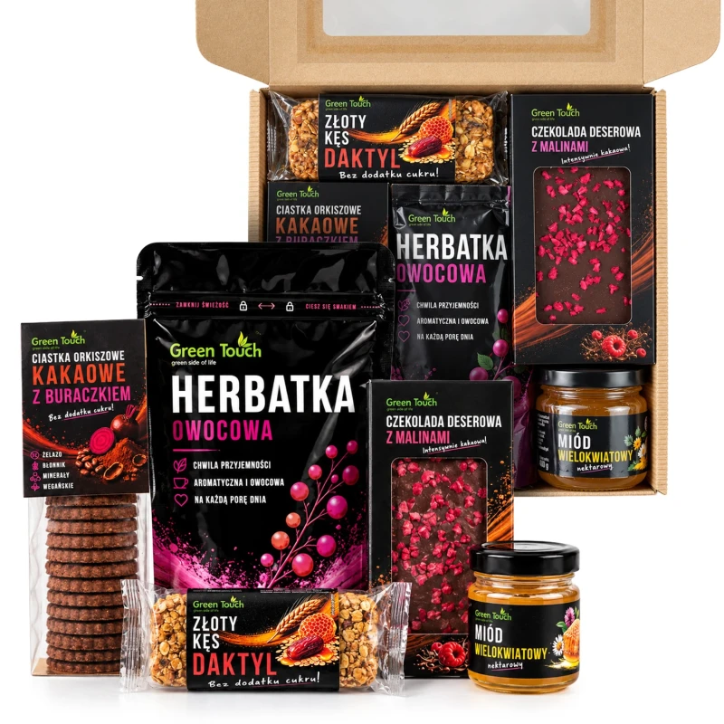 Kosz prezentowy z herbatką owocową, miodem, czekoladą deserową, ciastkami oraz batonem