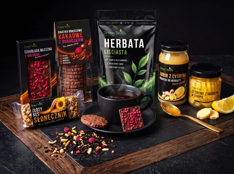 Zestaw prezentowy z czarną herbatą, czekoladą mleczną, ciastkami, imbirem i cytrynami