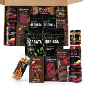 Duży kosz prezentowy – zestaw herbat czarna i rooibos, miód i czekolada deserowa