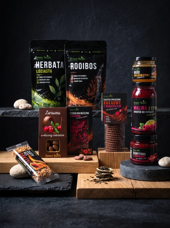 Duży kosz prezentowy – zestaw herbat czarna i rooibos, miód i czekolada deserowa