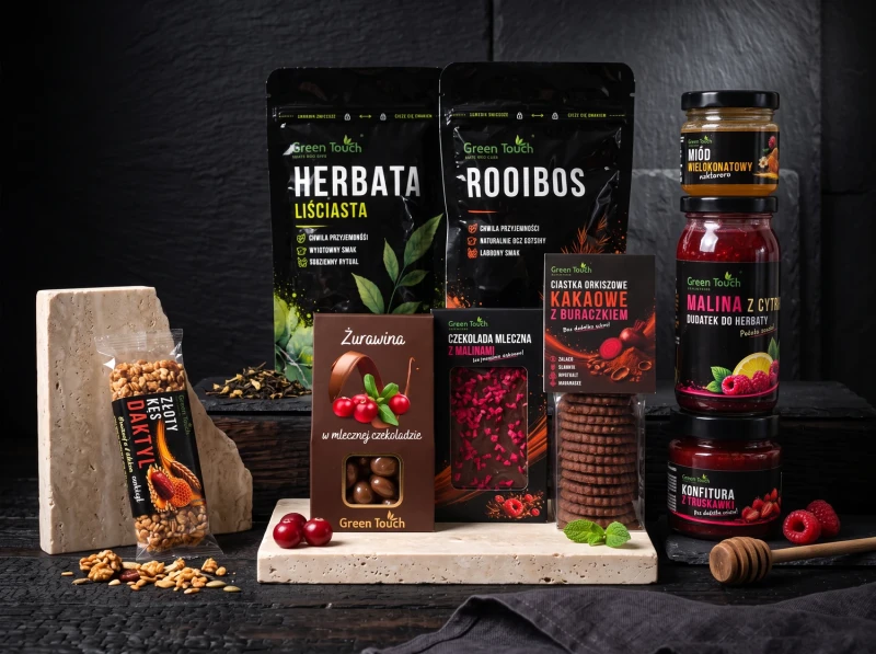 Duży kosz prezentowy – zestaw herbat czarna i rooibos, miód i czekolada deserowa