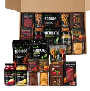 Zestaw herbat czarna i rooibos, czekolada mleczna i ciastka – duży kosz prezentowy