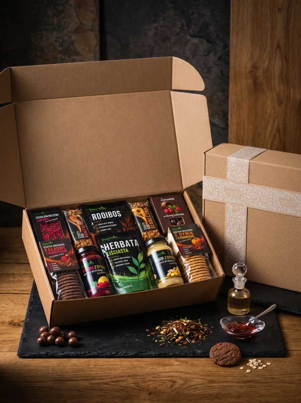Zestaw herbat czarna i rooibos, czekolada mleczna i ciastka – duży kosz prezentowy