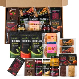 Duży kosz prezentowy – zestaw herbat czarna, zielona i rooibos, czekolada deserowa