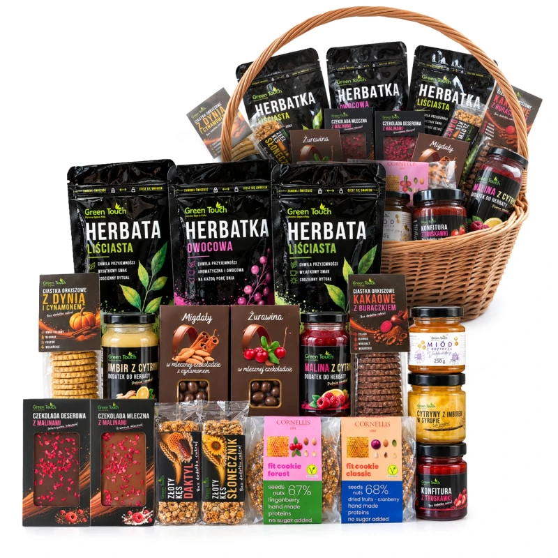 Kosz prezentowy wiklinowy – zestaw herbat czarna, zielona, owocowa, miód 250 g i migdały