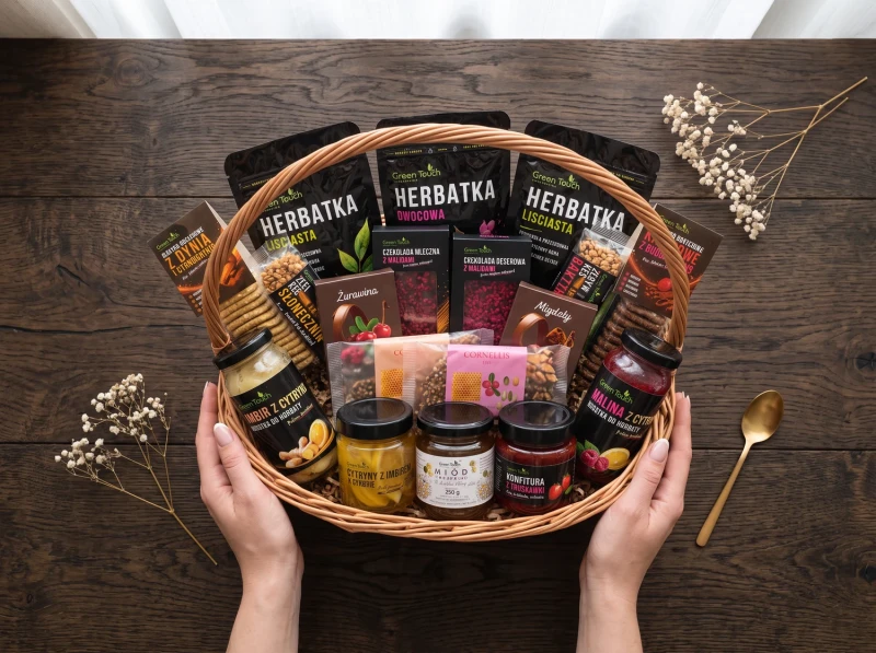 Kosz prezentowy wiklinowy – zestaw herbat czarna, zielona, owocowa, miód 250 g i migdały