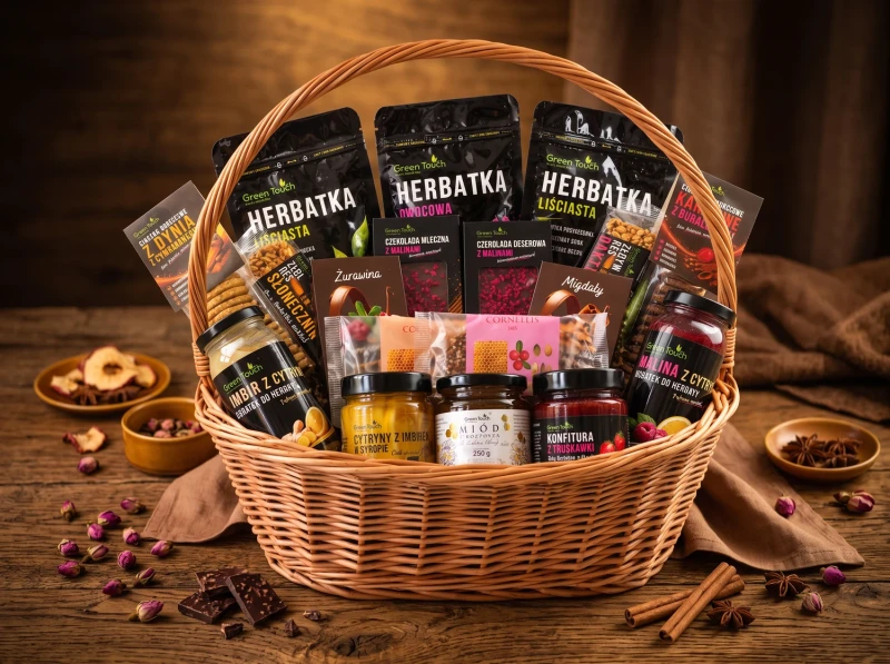 Kosz prezentowy wiklinowy – zestaw herbat czarna, zielona, owocowa, miód 250 g i migdały