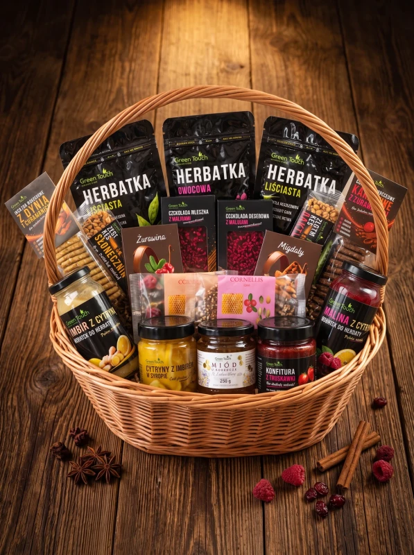 Kosz prezentowy wiklinowy – zestaw herbat czarna, zielona, owocowa, miód 250 g i migdały