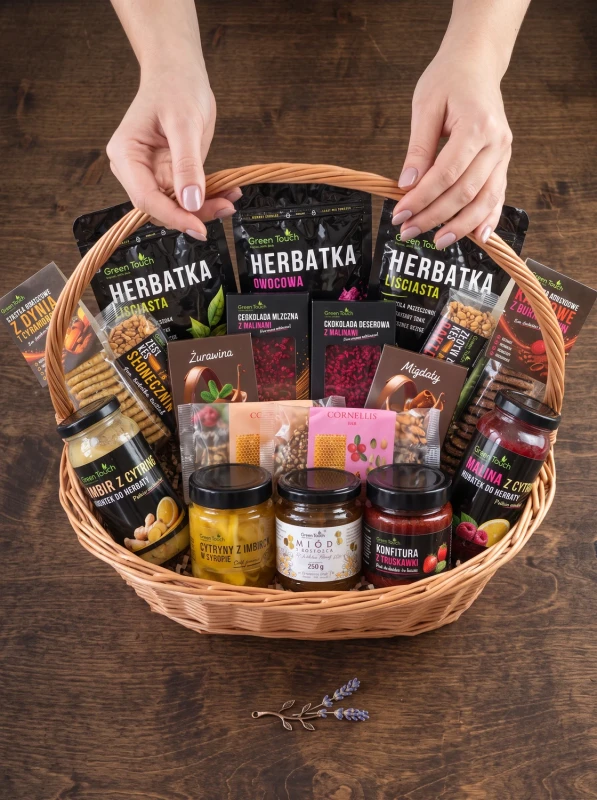 Kosz prezentowy wiklinowy – zestaw herbat czarna, zielona, owocowa, miód 250 g i migdały