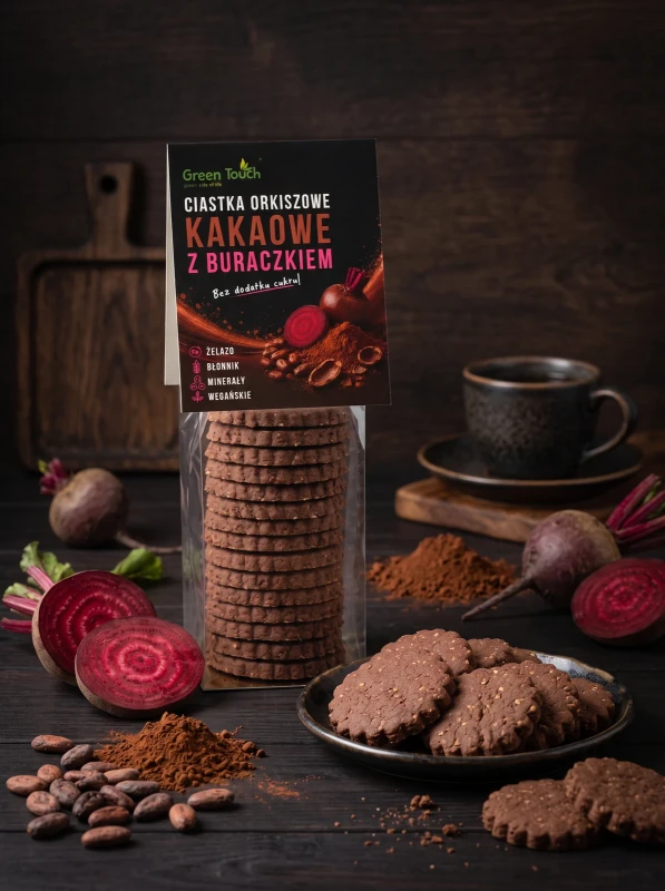 Ciastka orkiszowe kakaowe z buraczkiem 100 g, bez dodatku cukru - Green Touch