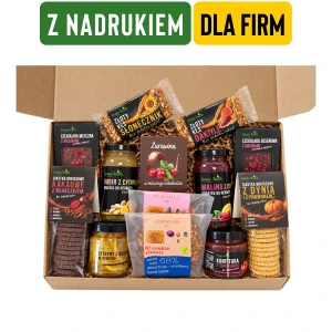 Prezent dla firm z logo – duży zestaw prezentowy z nadrukiem. Kosz prezentowy BX 35 × 25 cm
