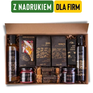 Prezent dla firm z logo – zestaw prezentowy z nadrukiem. Kosz prezentowy BDD z kawą, herbatą i przetworami
