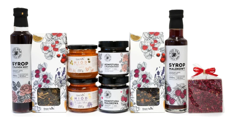 Skrzynka prezentowa premium z herbatami, miodami, syropami i konfiturami z dedykacją