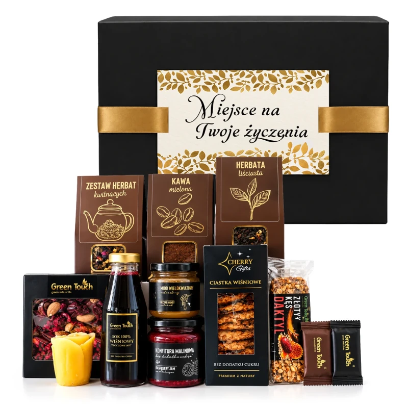 Skrzynka prezentowa deluxe z kawą, herbatami kwitnącymi, słodyczami i świecą z dedykacją