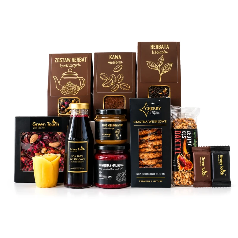 Skrzynka prezentowa deluxe z kawą, herbatami kwitnącymi, słodyczami i świecą z dedykacją