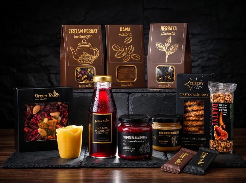 Skrzynka prezentowa deluxe z kawą, herbatami kwitnącymi, słodyczami i świecą z dedykacją