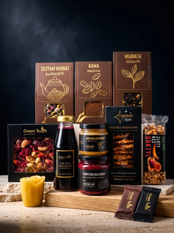 Skrzynka prezentowa deluxe z kawą, herbatami kwitnącymi, słodyczami i świecą z dedykacją