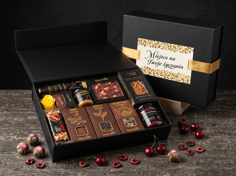 Skrzynka prezentowa deluxe z kawą, herbatami kwitnącymi, słodyczami i świecą z dedykacją