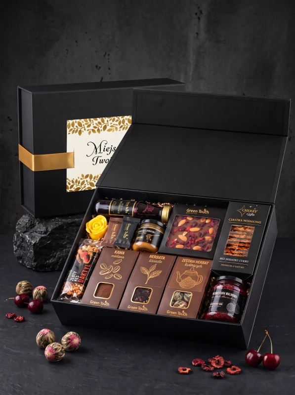 Skrzynka prezentowa deluxe z kawą, herbatami kwitnącymi, słodyczami i świecą z dedykacją